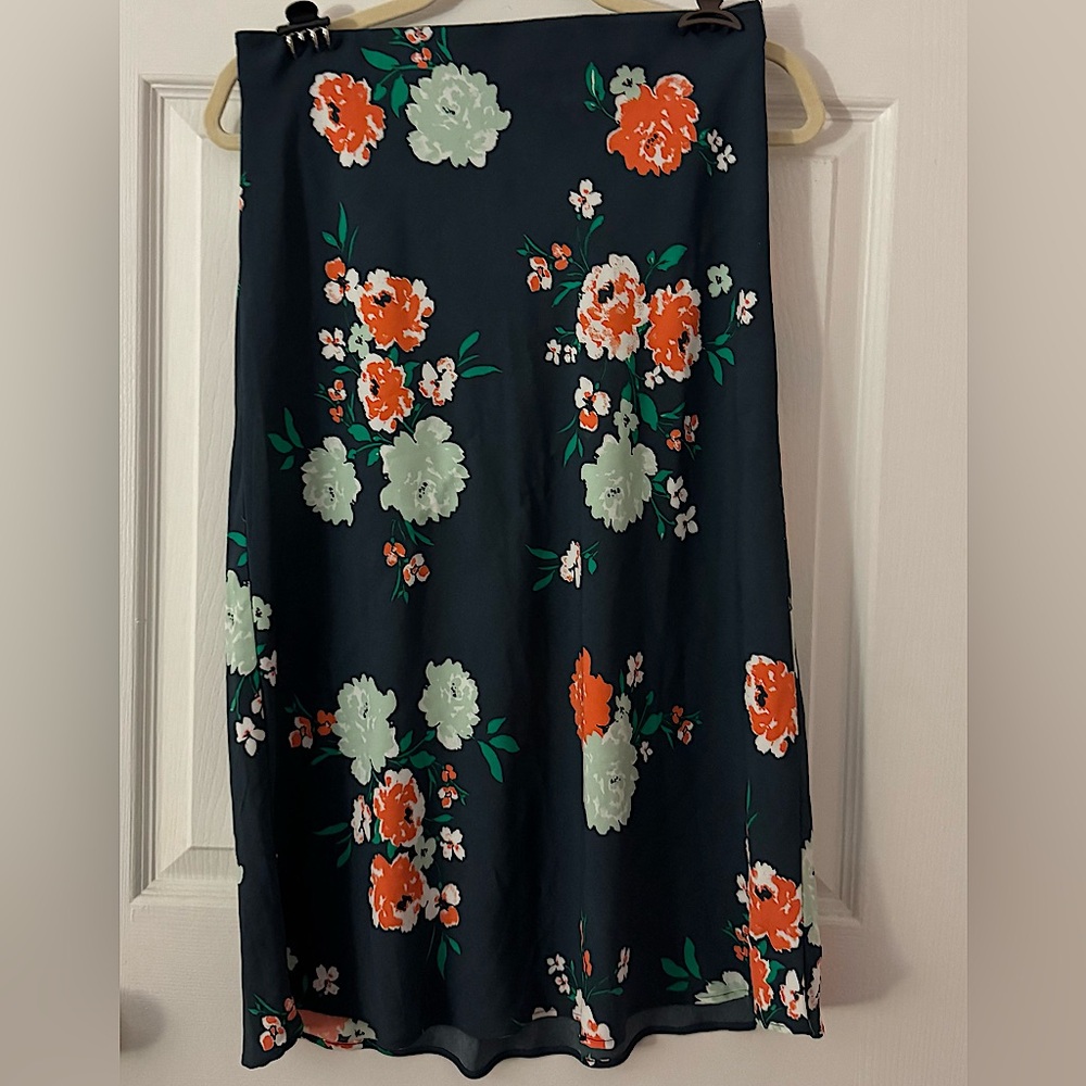 Loft Floral Print Skirt - Black with Orange and Green Accents